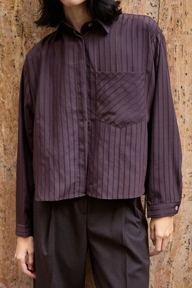 Kahverengi Çizgili Oversize Dokuma Gömlek TWOAW26GO00138 - 7