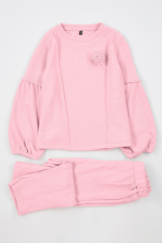 Gül Kurusu Aplikeli Düz Örme Kız Çocuk Dokulu Sweatshirt ve Eşofman Alt-Üst Takım TKDAW25AU00023 - 2