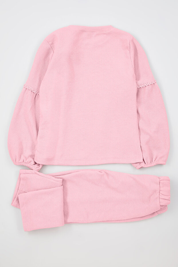 Gül Kurusu Aplikeli Düz Örme Kız Çocuk Dokulu Sweatshirt ve Eşofman Alt-Üst Takım TKDAW25AU00023 - 3