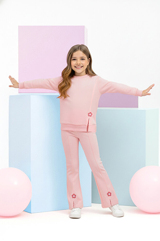Açık Pembe Pamuklu Çiçekli Regular Kız Çocuk Örme Alt - Üst Takım TKDAW26AU00011 - 1