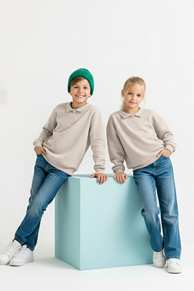 Taş Pamuklu Düz Polo Yaka Regular Örme Unisex Çocuk Sweatshirt TKDAW26SW00028 - 1