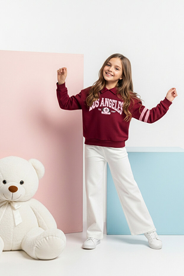 Ekru Pamuklu Kız Çocuk Slogan Baskılı Polo Yaka Oversize Örme Alt - Üst Takım TKDAW26AU00002 - 1
