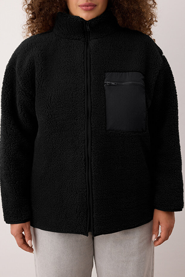 Winter Essentials Siyah Kalın Polar Fermuarlı Dik Yaka Cepli Örme Sweatshirt TBBAW26AO00022 - 7