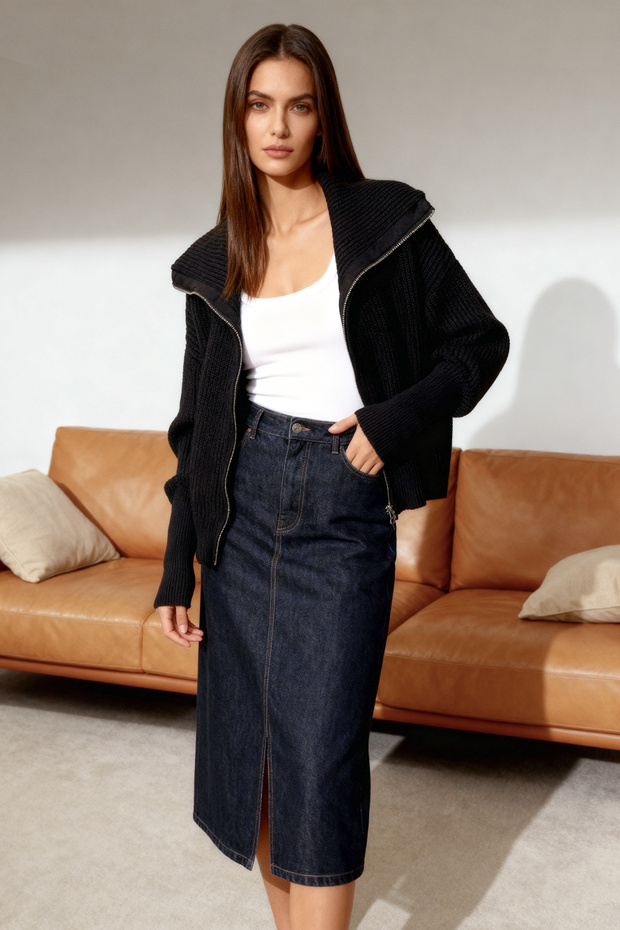 Čierny pletený sveter s golierom - široký strih, na zips Twoaw24Hi00072 - 1