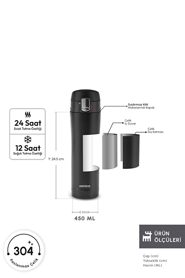 Pluton Çelik Sızdırmaz Termos 450 Ml Siyah - 2