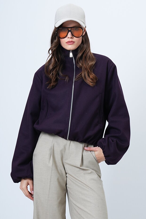 Purple Stand Collar Elastic Waist Bomber Jacket Alc-X14692