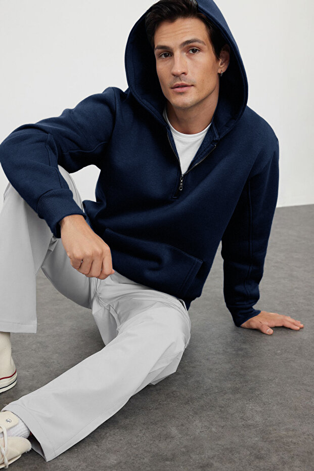 Lacivert Oversize/Geniş Kesim Fermuarlı Kapüşonlu İçi Polarlı Basic Sweatshirt TMNAW25SW00050 - 2