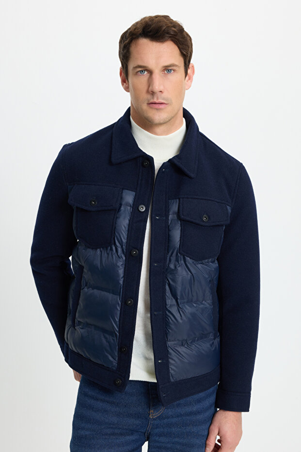 Men's Regular Fit Classic Cut Pocketed Classic Collar Heat-Retaining Melton Navy Coat