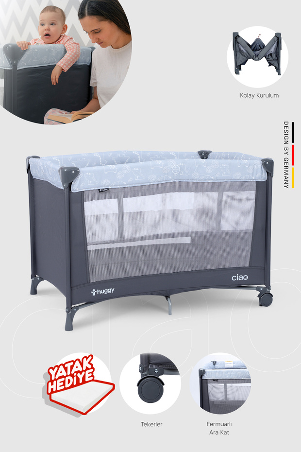 Huggy Ciao Park Yatak Oyun Parkı-Gri Yatak Hediyeli 70x100