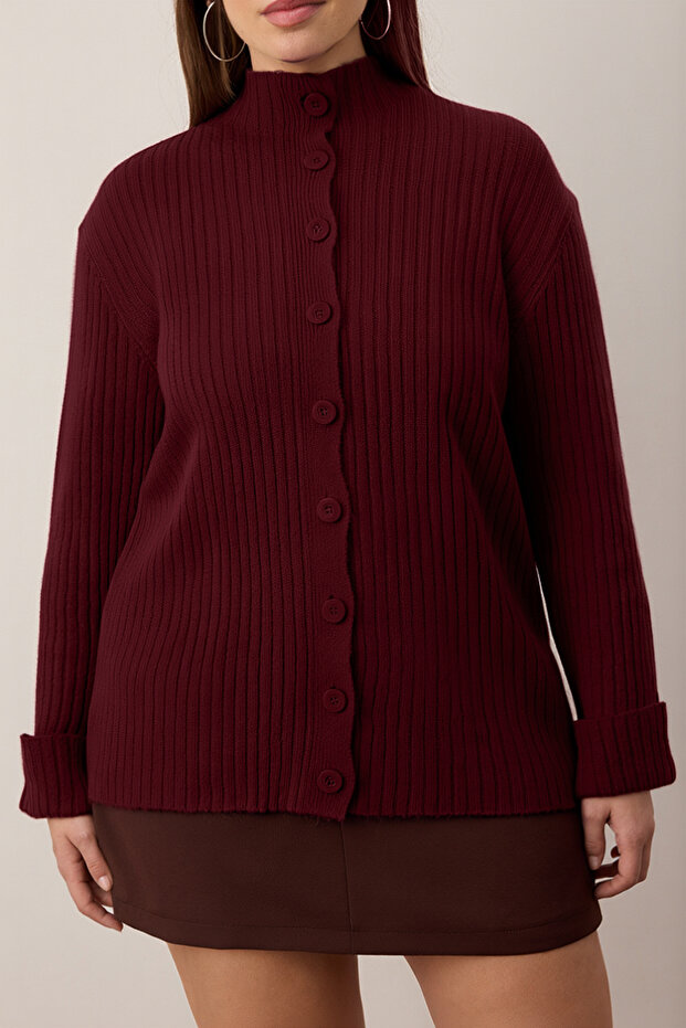 Bordo Yumuşak Dokulu Dik Yaka Triko Hırka TBBAW26AV00030 - 3
