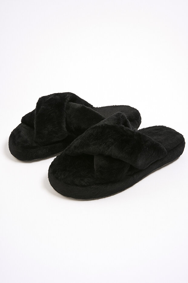 Kadın Siyah Çapraz Bantlı Tüylü Ev Terliği BYNDCAP01 - 4