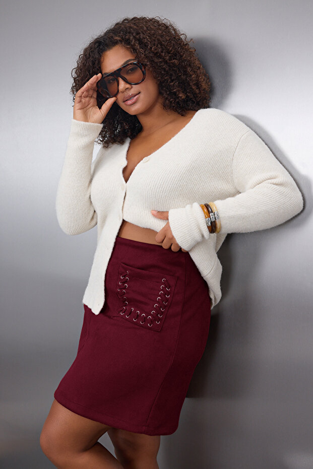 Bordo Cepli Süet Dokuma Büyük Beden Etek TBBAW26AZ00009 - 2