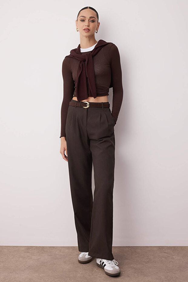 Koyu Kahverengi Wide Leg/Geniş Paça Palazzo Pilili Dokuma Kumaş Pantolon TWOAW22PL0475 - 1