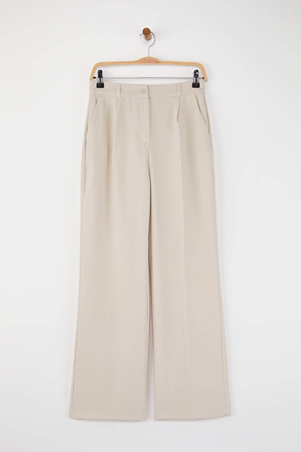 Taş Yüksek Bel Wide Leg Geniş Paça Pilili Dokuma Kumaş Pantolon TWOAW21PL0076 - 6