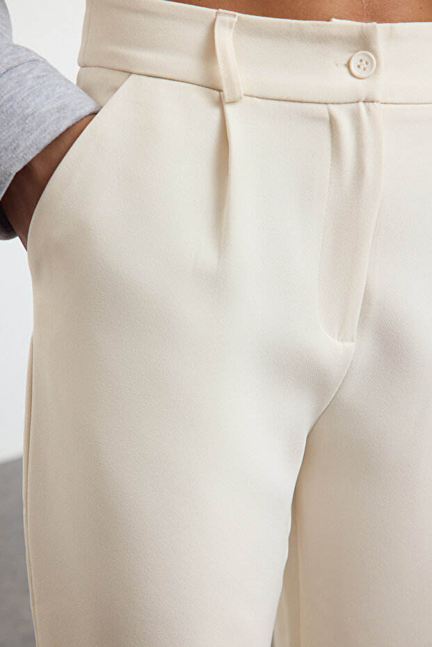 Ekru Yüksek Bel Wide Leg/Geniş Paça Pilili Dokuma Kumaş Pantolon TWOAW21PL0076 - 10