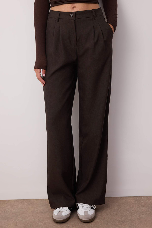 Koyu Kahverengi Wide Leg/Geniş Paça Palazzo Pilili Dokuma Kumaş Pantolon TWOAW22PL0475 - 5