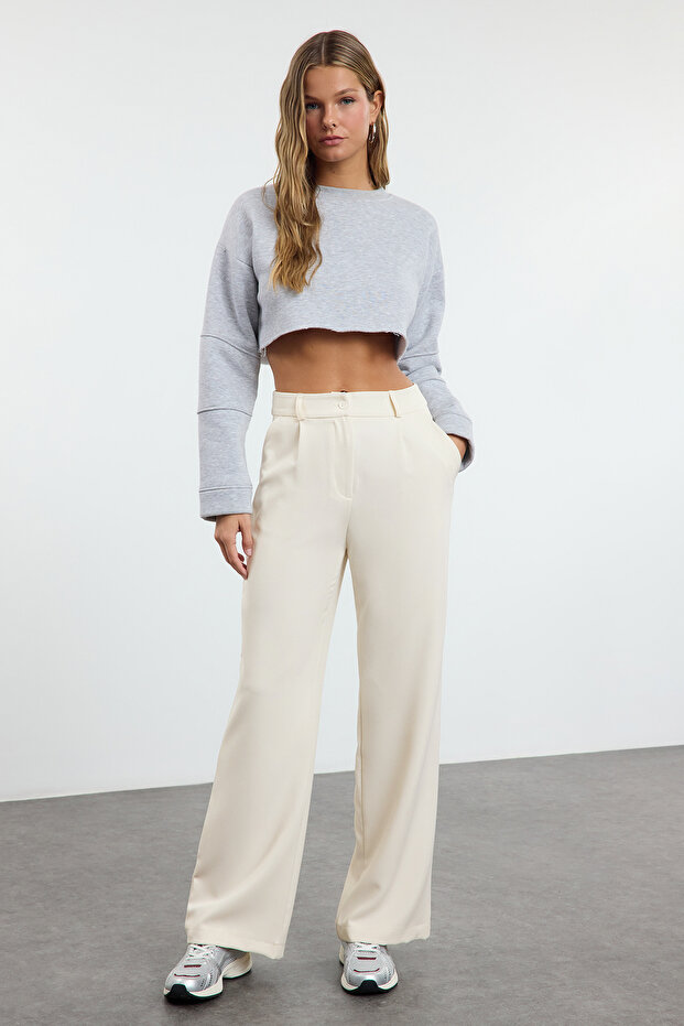 Ekru Yüksek Bel Wide Leg/Geniş Paça Pilili Dokuma Kumaş Pantolon TWOAW21PL0076 - 1