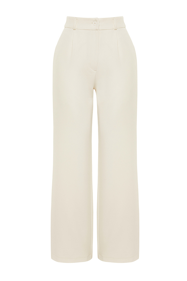 Ekru Yüksek Bel Wide Leg/Geniş Paça Pilili Dokuma Kumaş Pantolon TWOAW21PL0076 - 12