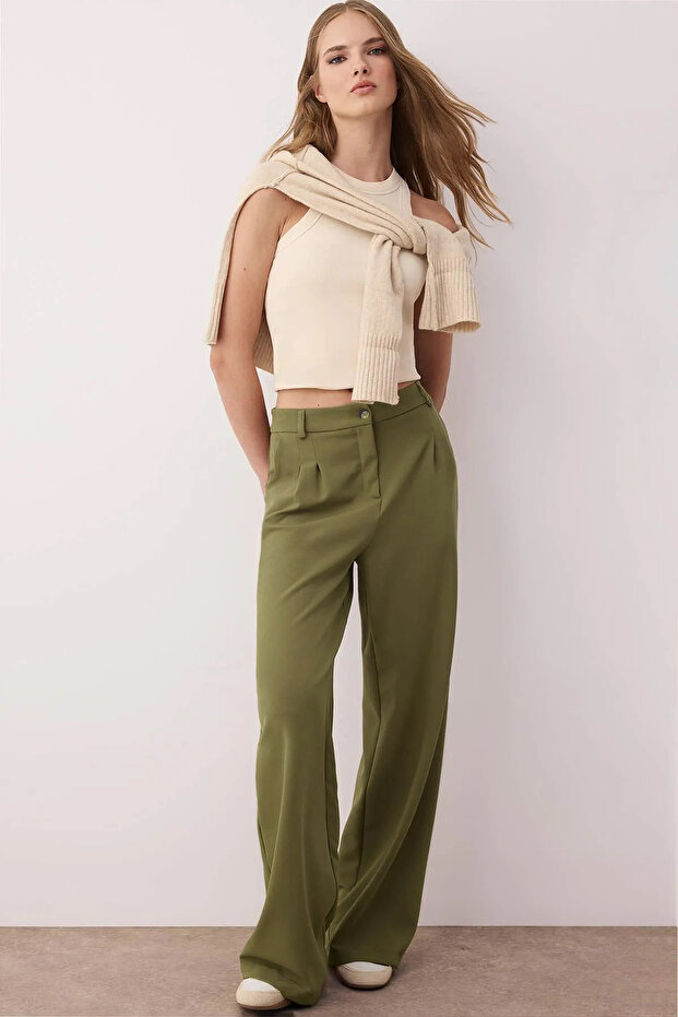 Açık Haki Pilili Wide Leg/Geniş Paça Pantolon TWOAW25PL00109 Palazzo - 1