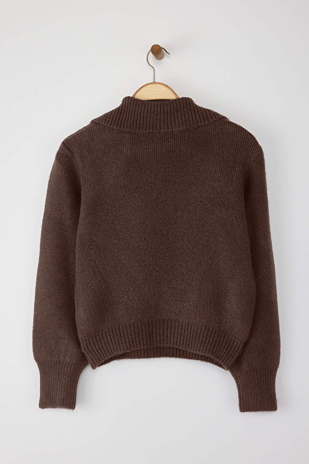Wardrobe Essentials Kahverengi Yünlü Premium İplik Fermuarlı Basic Triko Kazak | TWOAW26KZ00071 - 6
