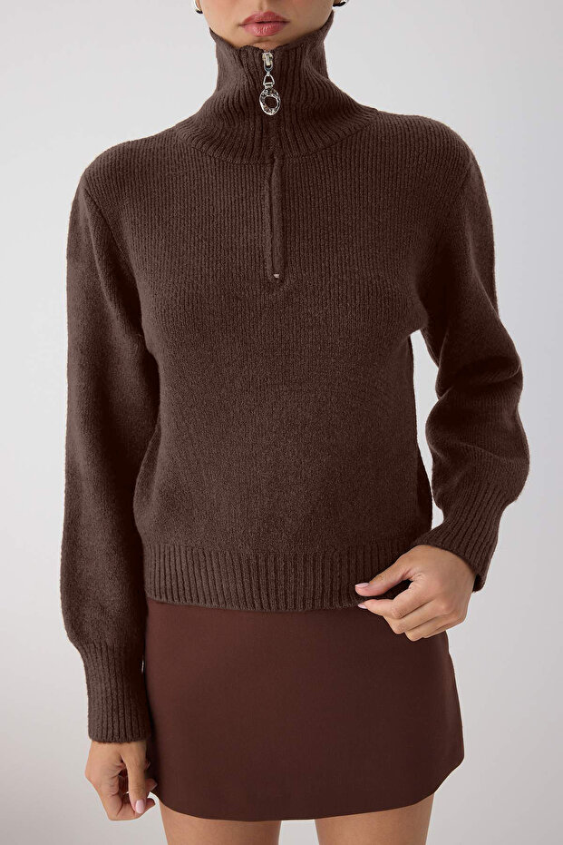 Wardrobe Essentials Kahverengi Yünlü Premium İplik Fermuarlı Basic Triko Kazak | TWOAW26KZ00071 - 3