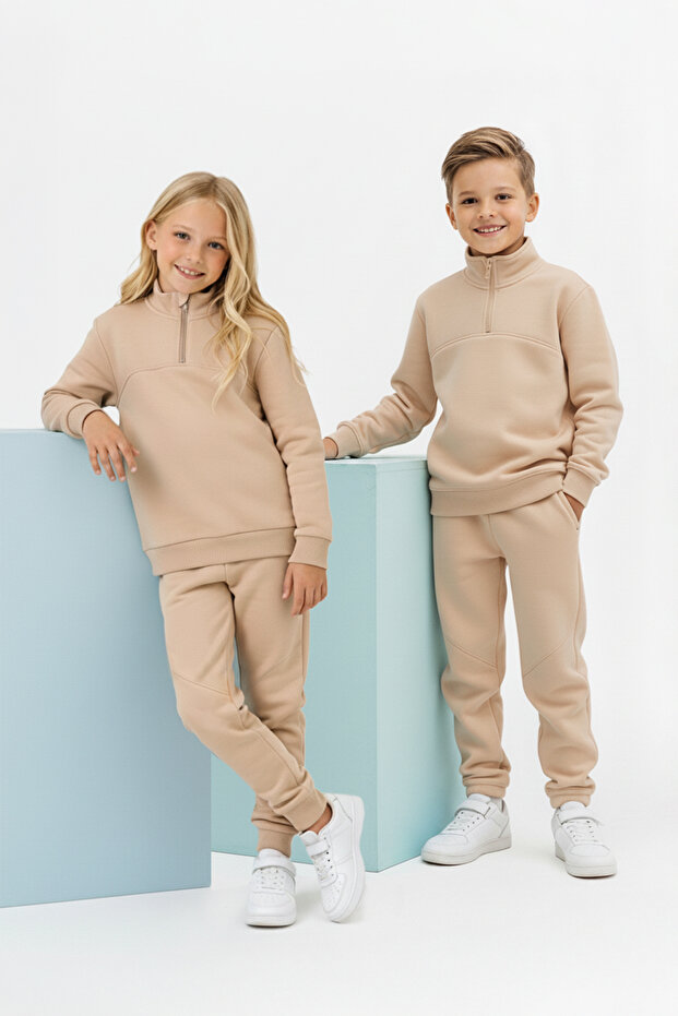 Bej*002 Unisex Çocuk Pamuklu Düz Dik Yaka Oversize Örme Alt - Üst Takım TKDAW26AU00025 - 1