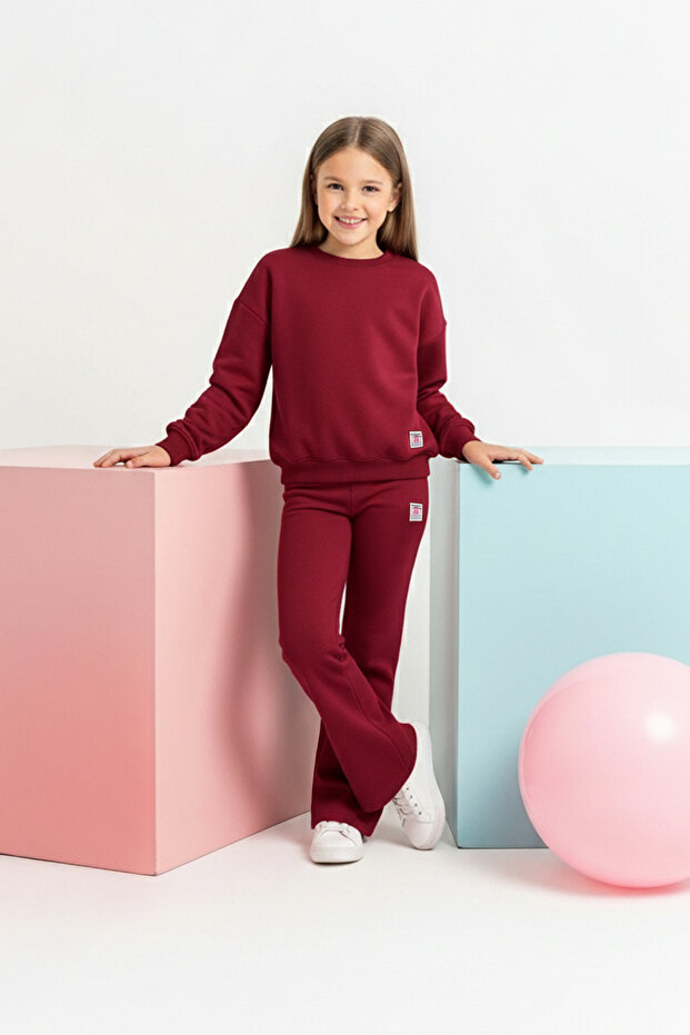 Bordo Pamuklu Düz Bisiklet Yaka Oversize Kız Çocuk Örme Alt - Üst Takım TKDAW26AU00014 - 1
