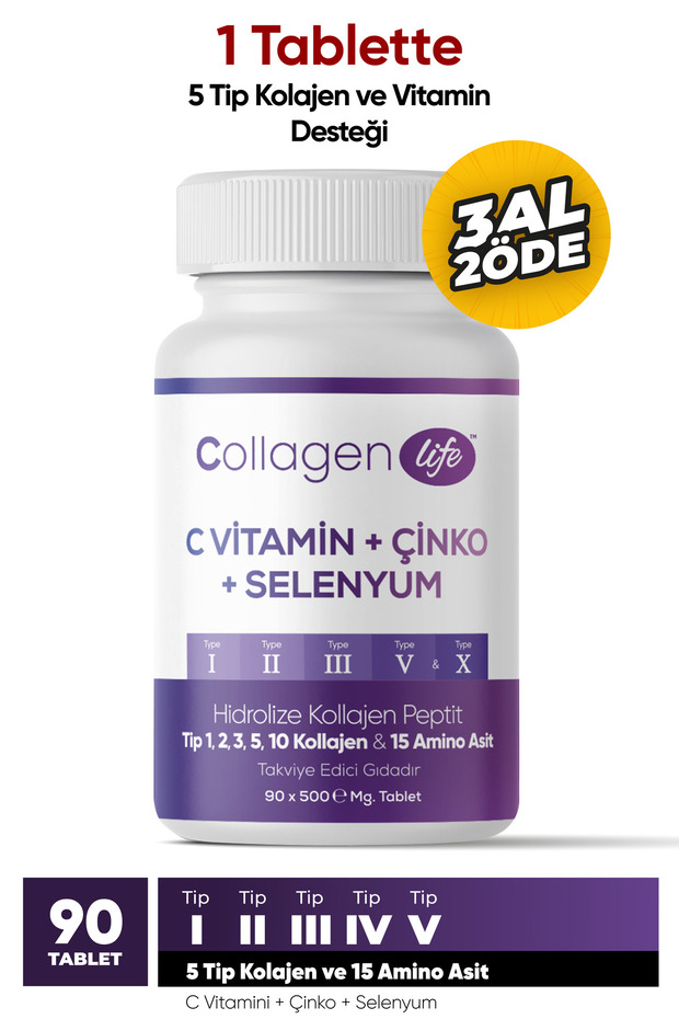 5 Tip Kolajen Tip 1, Tip 2, Tip 3, Tip 5 ,tip 10, ( Selenyum , C Vitamini Ve Çinko ) 90 Tablet - 1