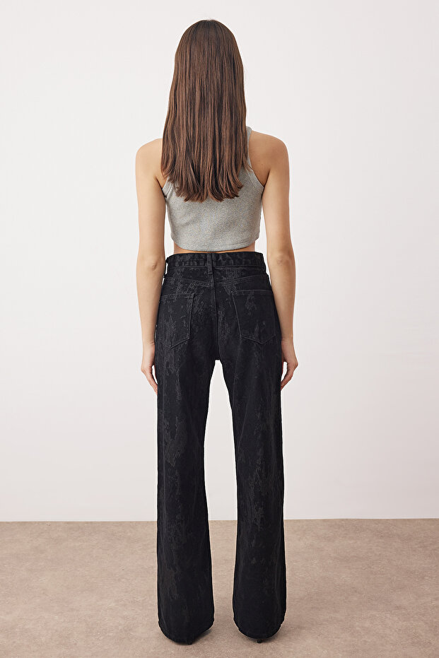 Siyah Siyah Süet Görünümlü Flok Baskılı Yüksek Bel Wide Leg Jeans Yüksek Bel Jeans TWOAW26JE00309 - 4