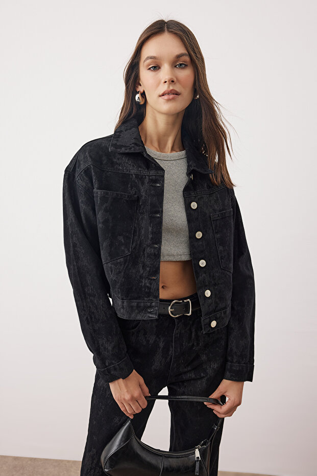 Siyah Süet Görünümlü Basic Denim Ceket TWOAW26CE00089 - 1