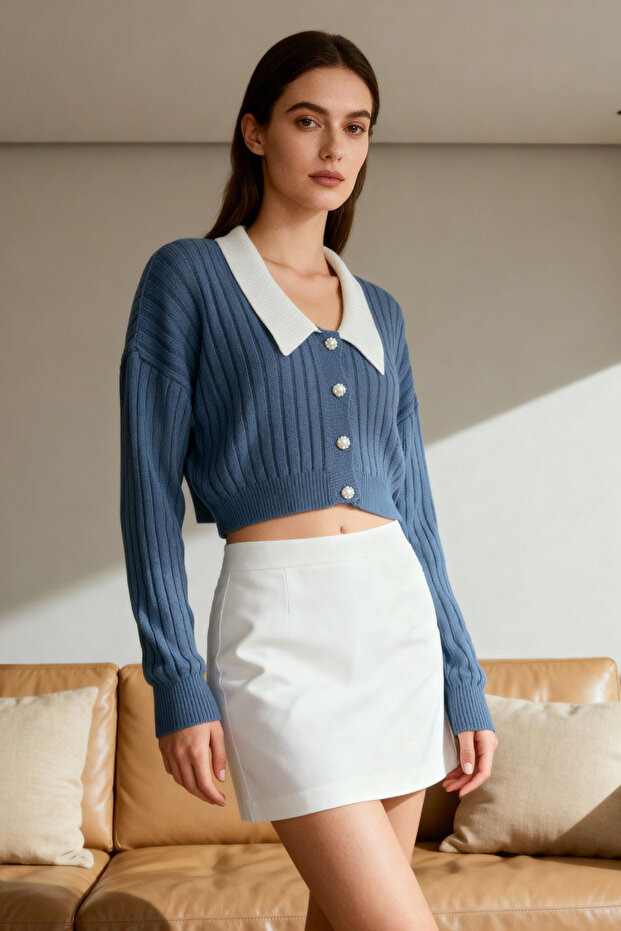 Indigo Süper Crop Gömlek Garnili Triko Hırka TWOAW23HI00519