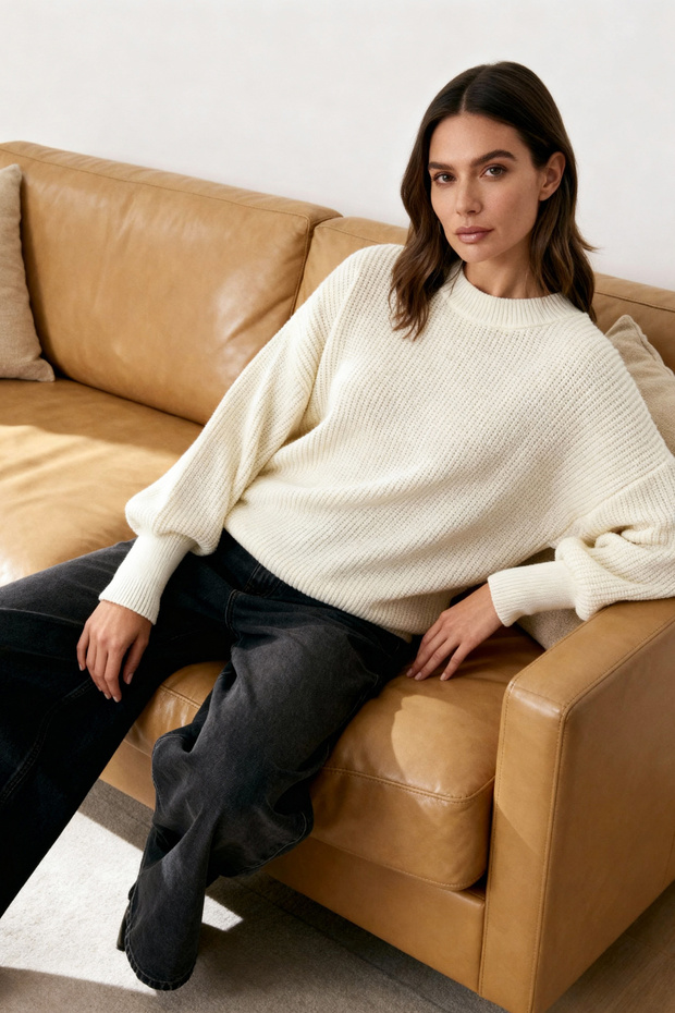 Ecrufarbener Strickpullover mit weiter Passform - TWOAW23KZ01448 - 2