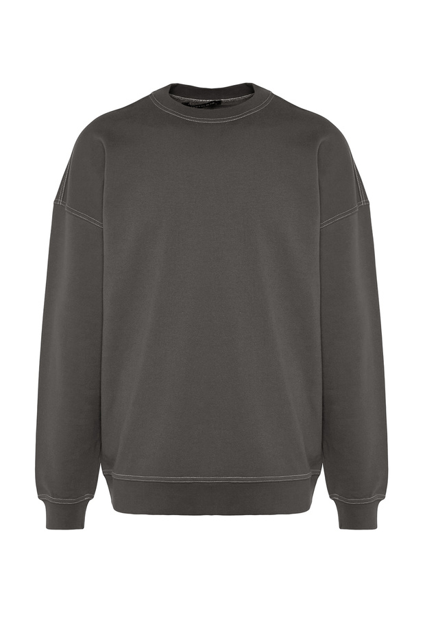 Antrasit Oversize/Geniş Kesim Kontrast Dikiş Detaylı Bisiklet Yaka Sweatshirt TMNAW24SW00011 - 7