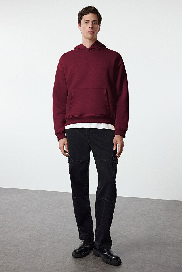 Bordo Oversize/Geniş Kesim Sırtı Nakış Detaylı Kapüşonlu Sweatshirt TMNAW25SW00142 - 4