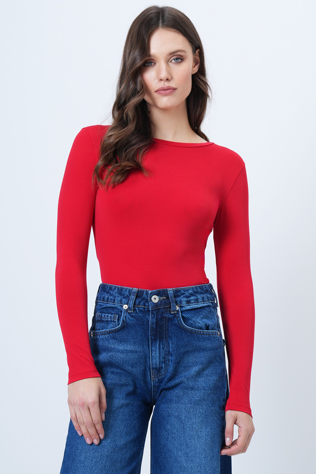 Women's Red Crew Neck Basic Blouse Alc-X14389