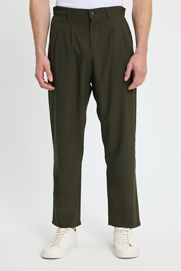 Men's Regular Fit Double Pleated Elastic Waist Comfortable Cut Loose Leg Baggy Khaki Trousers