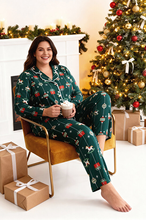 Yeşil %100 Pamuklu Yılbaşı Temalı Örme Pijama Takımı TBBAW26AI00015 - 1