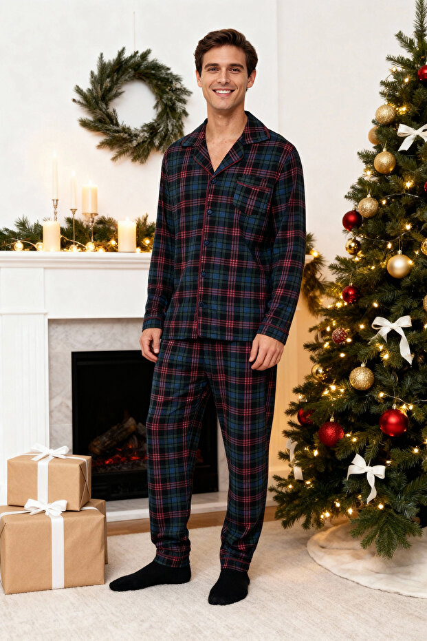 Lacivert Regular Fit Ekose Örme %100 Pamuk Pijama Takımı TMNAW24PT00026 - 1