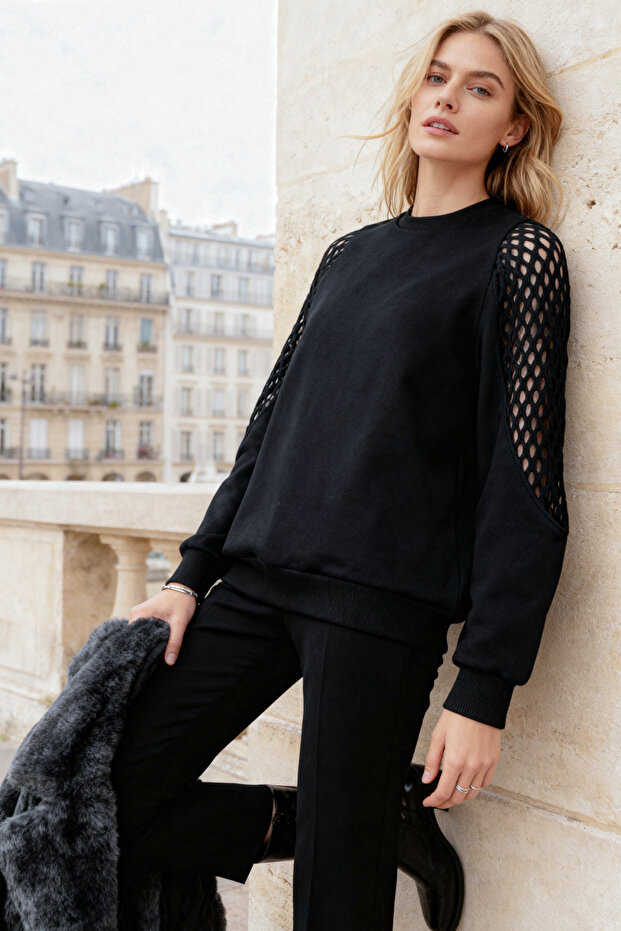 Siyah File Detaylı Kalın İçi Polarlı Regular/Normal Kalıp Örme Sweatshirt TWOAW24SW00134 - 1