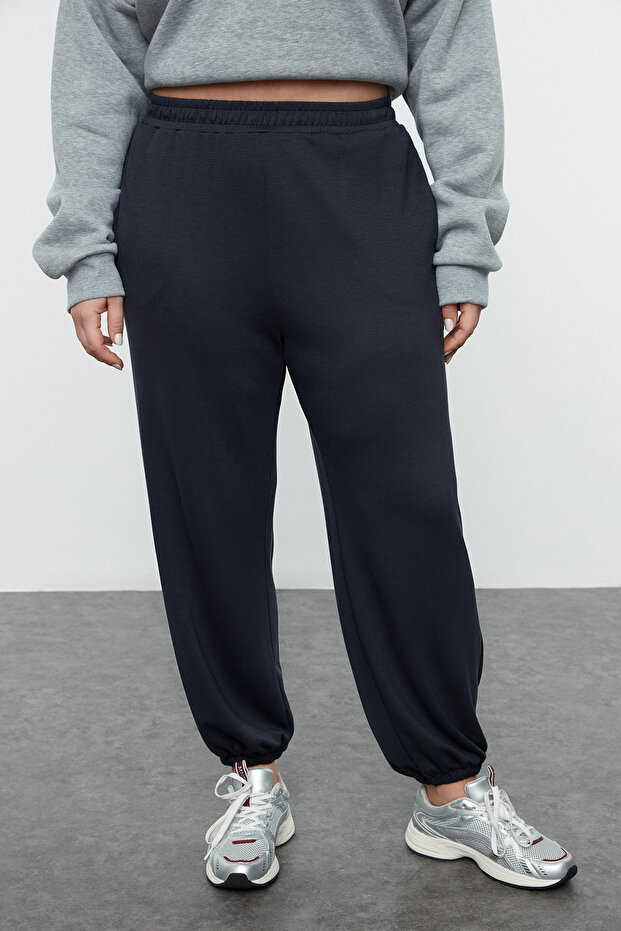 Indigo Loose Jogger Dökümlü Yumuşak Tuşeli Örme Büyük Beden Eşofman Altı TBBAW25AJ00003 - 2