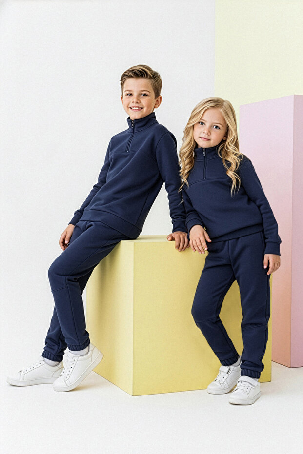 Indigo Pamuklu Düz Dik Yaka Oversize Unisex Çocuk Örme Alt - Üst Takım TKDAW26AU00025 - 1