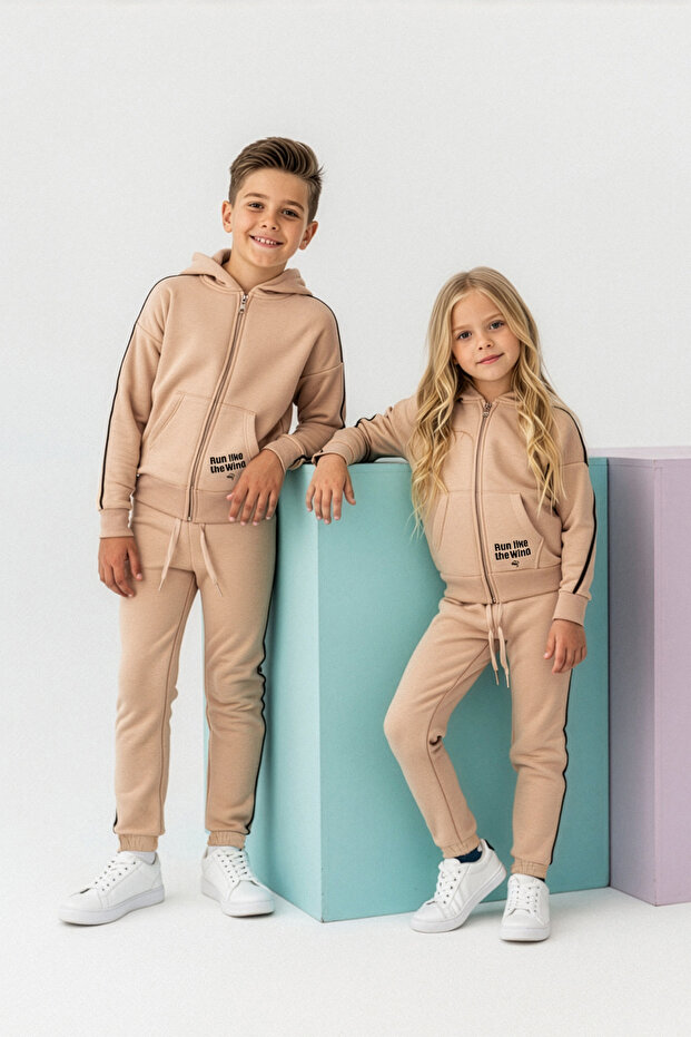 Bej Kapüşonlu Baskılı Kalın/İçi Polarlı Örme Unisex Çocuk Alt - Üst Takım TKDAW26AU00061 - 1