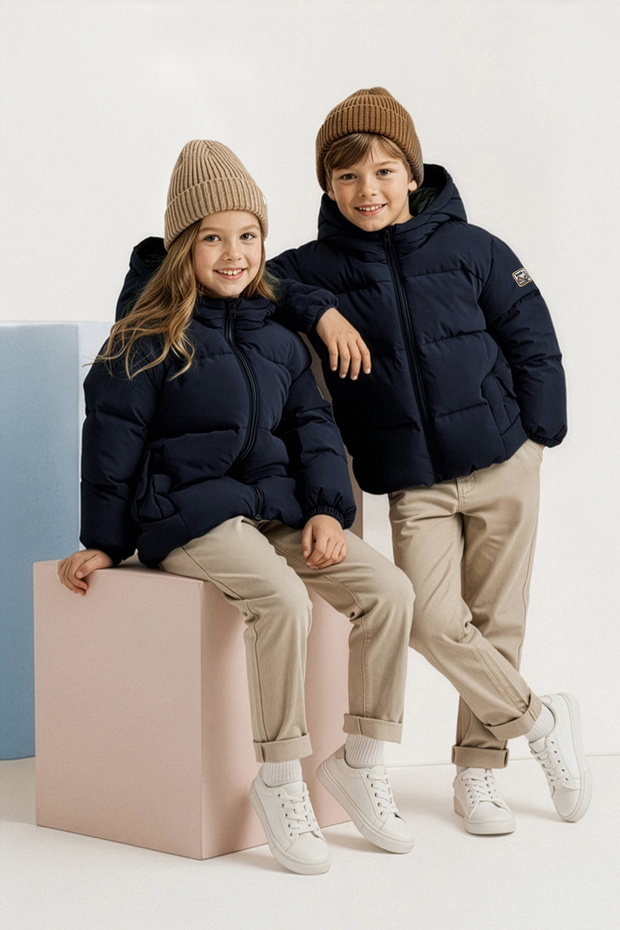 Lacivert Düz/Basic Kalın Kapüşonlu Regular Unisex Çocuk Mont TKDAW26MO00014 - 1