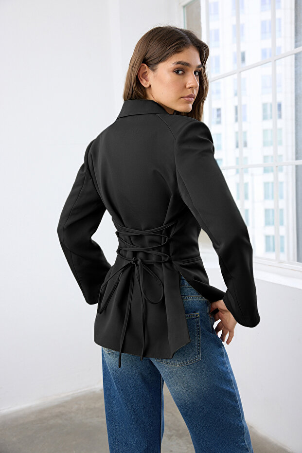 Siyah Arkası Bağlama Detaylı Fitted/Bele Oturan Dokuma Blazer Ceket TWOAW26BC00032 - 5