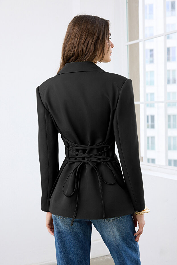 Siyah Arkası Bağlama Detaylı Fitted/Bele Oturan Dokuma Blazer Ceket TWOAW26BC00032 - 4