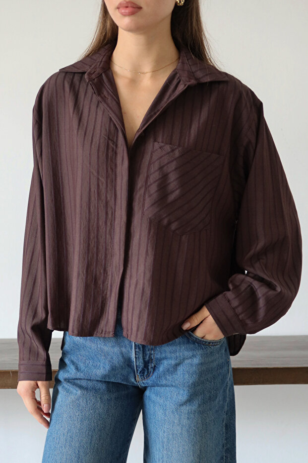 Kahverengi Çizgili Oversize Dokuma Gömlek TWOAW26GO00138 - 3