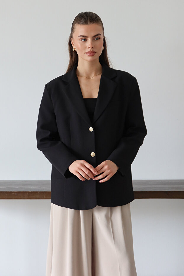 Siyah Normal/Regular Kalıp Dokuma Blazer Ceket TWOAW26BC00040 - 1