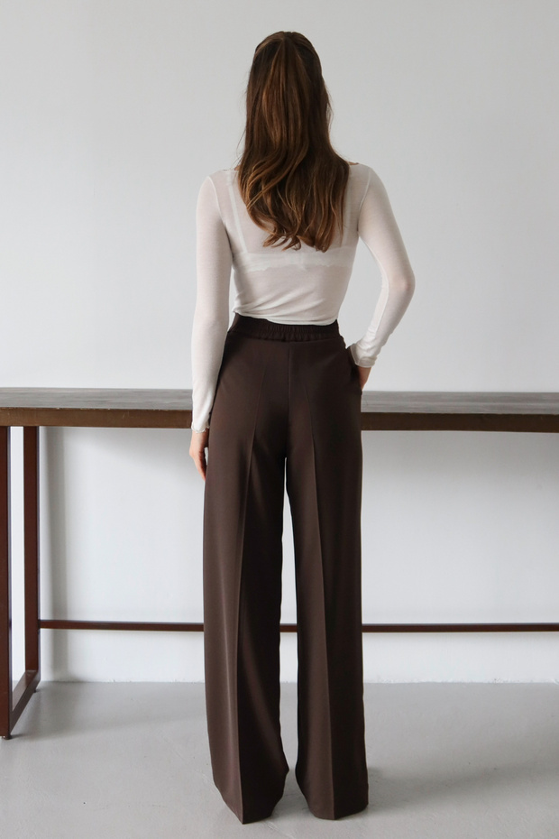 Koyu Kahverengi Yüksel Bel Geniş Paça Dokuma Pantolon TWOAW26PL00161 - 4