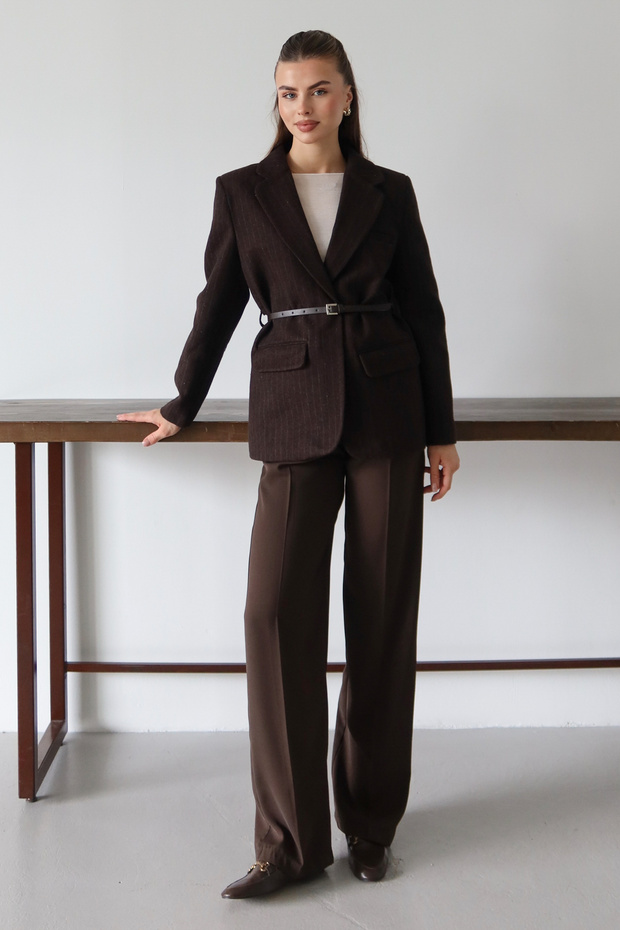 Hnědý pruhovaný tkaný blejzr s páskem TWOAW26BC00072 - 8