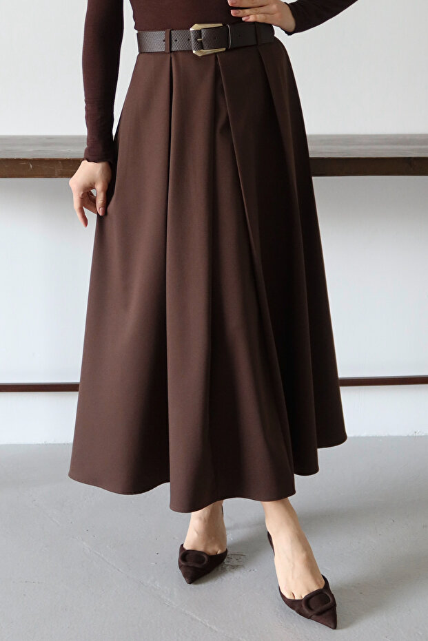 Koyu Kahverengi Kemerli Çan/A-Line Dokuma Uzun Maxi Etek TWOAW26ET00168 - 8